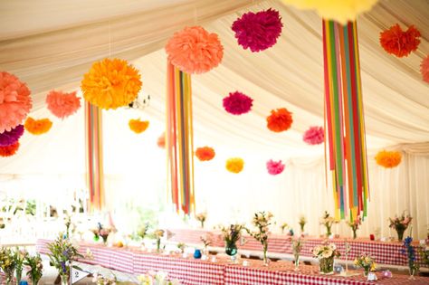 CEILING: like the poofs but not so much the streamers Marquee Wedding Decoration, Marquee Decor, Candy Anthony, Marquee Decoration, Wedding Pom Poms, Tissue Pom Poms, Easy Diy Decor, Tissue Paper Pom Poms, Paper Pom Poms