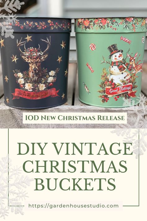 A different kind of Christmas Craft. Using IOD New Christmas Release Transfers and Vintage Sap Buckets or your busket of choice make these funtioning buckets for gifts or Christmas utility. #IodChristmasTransfers #IodNewChristmasRelease #DiyChristmas #KitschyChristmas #HandmadeChristmasCrafts #IodTransferTutorial Tin Bucket Christmas Tree Skirt, Christmas Tin Buckets Decor, Metal Bucket Christmas, Christmas Metal Bucket Decor, Christmas Buckets, Iod Christmas, Diy Christmas Home Decor, Hand Painted Christmas Tin Bucket, Bucket Crafts