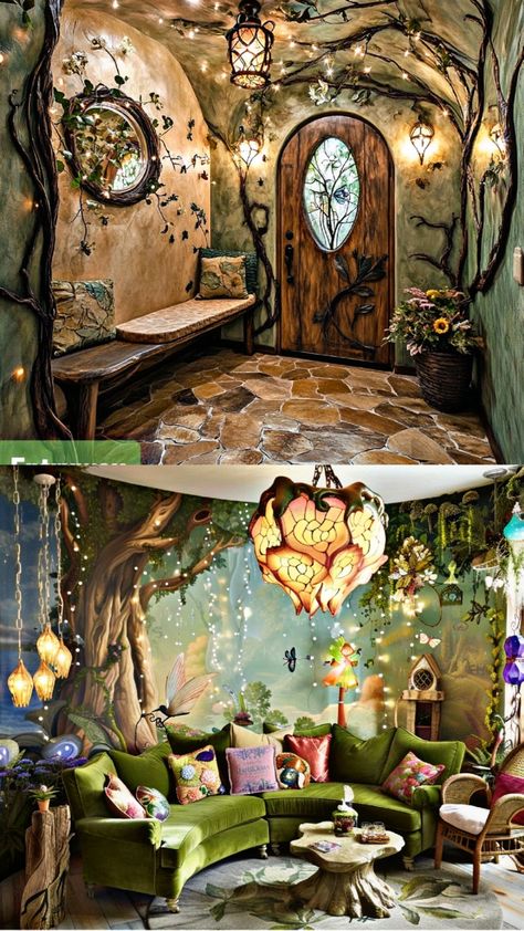 Fae House Aesthetic, Fairy Salon Aesthetic, Fairy Interior Design, Fairy Home Aesthetic, Fairy House Interior, Fantasy Living Room, Fairycore House, Fairy Core Room, Fairy Theme