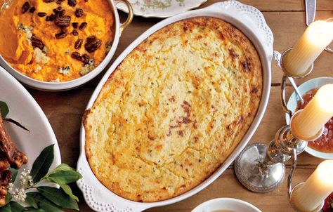 Grits Dressing - This rich, soufflé-like dressing derives its texture from stone-ground grits. : Bon Appétit  (pairs well w/Crawfish Gravy) Smoked Gouda Grits Recipe, Gouda Grits Recipe, Grits Casserole, Cheddar Cheese Recipes, Grits Recipe, Thanksgiving Stuffing, Bacon Breakfast, Cereal Recipes, Grits