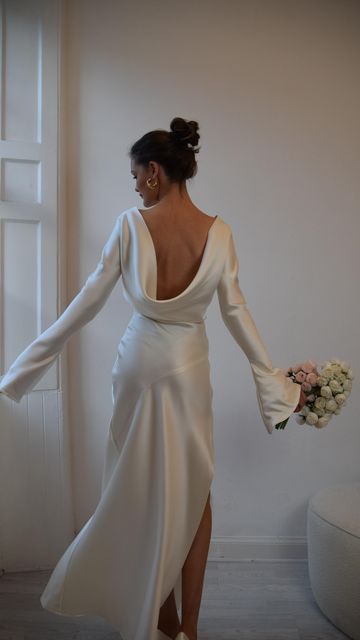 Elegant White Maxi Dress, Satin White Gown, Satin Wedding Dress Sleeves, Olivia Rose The Label, White Satin Dress Long Sleeve, Engagement Dress Elegant, Long Sleeve Wedding Dress Satin, Wedding Dress Autumn, Dress Backless Long