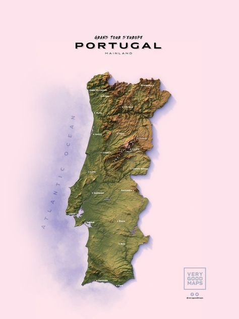 Portugal mainland shaded relief map. by... - Maps on the Web Map Of Portugal, Portugal Map, All European Countries, Battlefield 3, Relief Map, Ex Machina, European Countries, Grand Tour, Atlantic Ocean