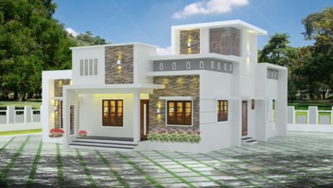 1000 Sq Ft 3BHK Contemporary Style Single-Storey House And Free Plan - Engineering Discoveries 1000 Sq Ft House Plans, 1000 Sq Ft House, 30x40 House Plans, Single Floor House Design, Vastu House, 1000 Sq Ft, House Balcony Design, Kerala House Design, Luxury Penthouse