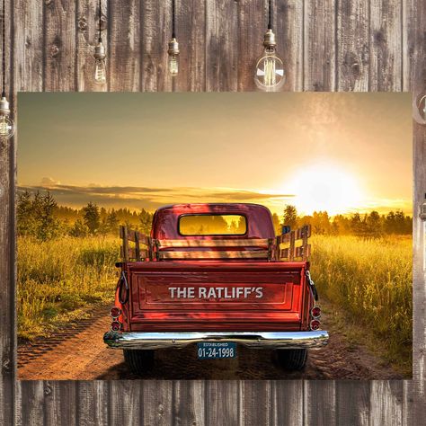 Buy Online High Quality Vintage Truck On A Dirt Road And Sunset Personalized Tailgate & License Plate Canvas - Customly Gifts Old Truck Paintings Easy, Old Truck Paintings, Vintage Truck Painting, Truck Painting, Studebaker Trucks, Truck Tailgate, Truck Paint, Betsy Ross, Truck Art