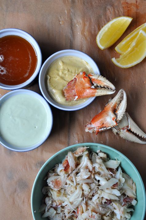 Fresh cracked Dungeness crab with a trio of dipping sauces. Cold Seafood Platter, Cracked Crab, Dipping Sauce Recipes, Thanksgiving Tradition, Crab Dishes, Dipping Sauces Recipes, Dungeness Crab, Seafood Platter, Dipping Sauces