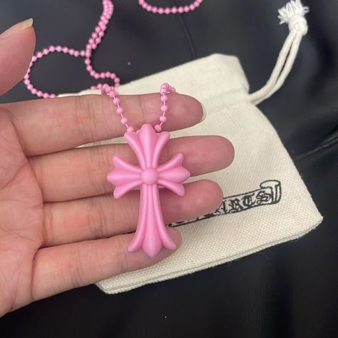 Chrome Hearts Ch Crs Sml PIstc Rubber Cross Necklace Pink Pink Chrome Hearts, Chrome Necklace, Faerie Aesthetic, Chrome Hearts Jewelry, Hearts Jewelry, Nail Aesthetic, Strength Tattoo, Pink Chrome, Hearts Necklace