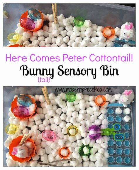 Sensory bin filled with bunny tails works on fine motor, counting, 1:1 skills from Modern Preschool Modern Preschool, Bunny Game, Easter Sensory, Spring Sensory, Preschool Easter, Toddler Sensory Bins, Preschool Sensory, Easter Lessons, Preschool Spring