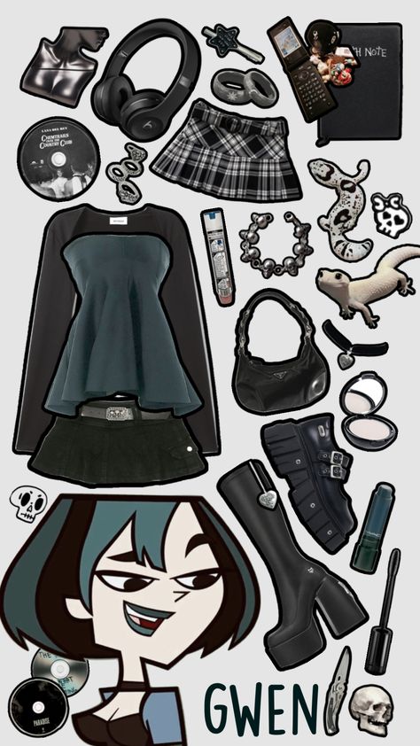 #totaldrama #gwen #totaldramagwen #cartoon #goth #alt #gothgirl #egirl #aesthetic #moodboard Punk Character Art, Gwen Total Drama, Punk Character, Goth Baddie, Egirl Aesthetic, Island Outfit, Aesthetic Goth, Alt Outfits, Pastel Outfit