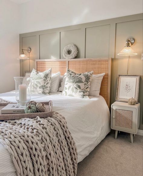 Wall Lights Behind Bed, Bed Panelling Design, Panelling With Wall Lights, Light Green Panelling Bedroom, Bedroom Panelling With Wall Lights, Wall Lights Next To Bed, French Grey Bedroom, Bedroom Wall Lights Beside Bed, Behind Bed Panelling