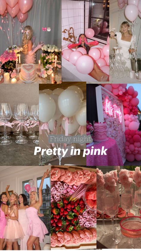 Bachelorette party weekend “pretty in pink” for the first night of partying Bachelorette Slumber Parties, Barbie Bachelorette, Pink Bachelorette Party, 18th Birthday Decorations, Pink Bachelorette, Bachelorette Party Weekend, Cute Birthday Ideas, Bday Party Theme, Bridal Bachelorette Party