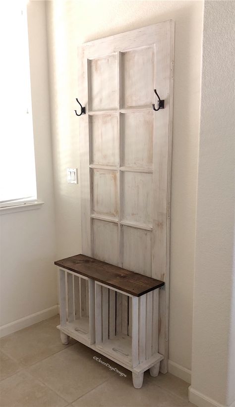 Crate Bench, Doors Repurposed, Hall Tree, Farmhouse Furniture, House Materials, Old Doors, Hand Painted Furniture, Repurposed Furniture, Upcycled Furniture