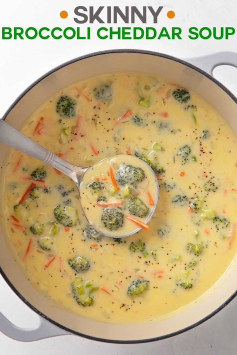 You'll never miss the extra fat in this lightened up version of broccoli cheddar soup using reduced fat ingredients! Broccoli Soup Crockpot, Healthy Broccoli Cheese Soup, Broccoli Soup Healthy, Low Calorie Soup Recipe, Low Fat Soups, Low Calorie Soup, Cream Of Broccoli Soup, Broccoli Soup Recipes, Broccoli Soup