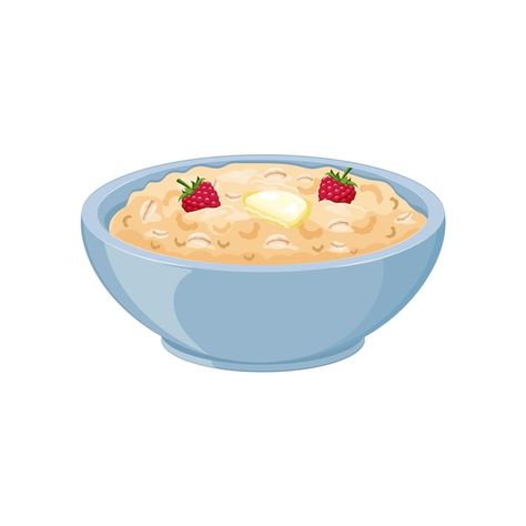 Oatmeal with raspberries in blue plate. ... | Premium Vector #Freepik #vector #breakfast-cereal #cereal-bowl #cornflakes #porridge Porridge Drawing, Porridge Illustration, Oatmeal Illustration, Breakfast Stickers, Bowl Illustration, Granola Snacks, Honey Breakfast, Porridge Bowl, Oat Bowls