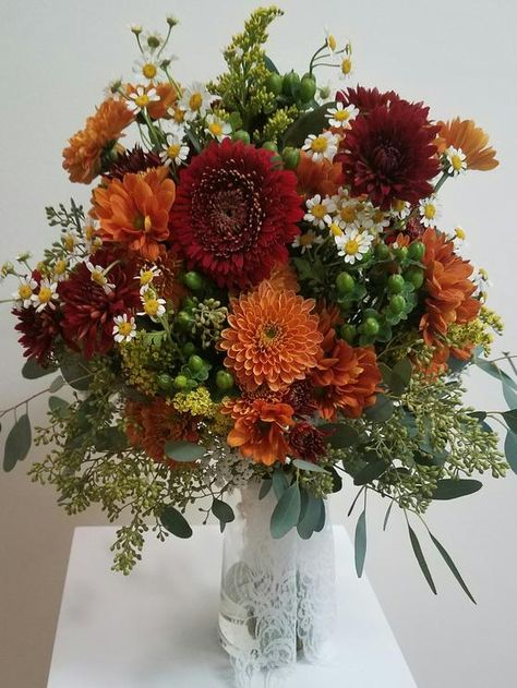 Red Orange Flower Arrangements, Mums Bouquet, Bridal Bouquet With Dahlias, Wedding Bouquets Red, Fever Few, Bohemian Bridal Bouquet, Wedding Bouquets Fall, Bouquet With Dahlias, Wedding Bouquet Red