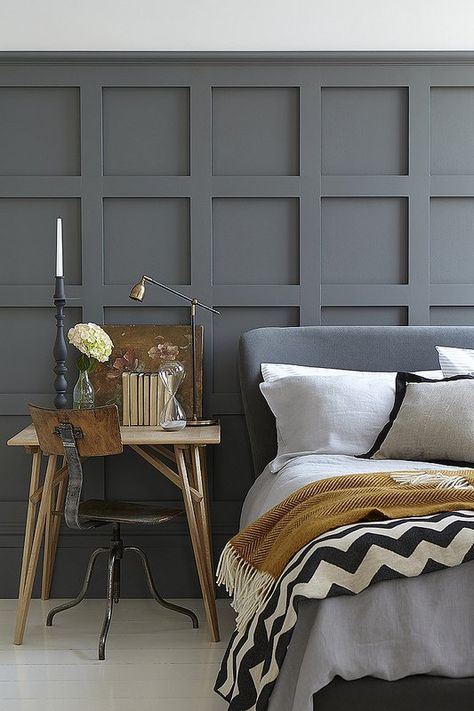 Chic bedroom, love the color, textures and patterns on the bedding & the charcoal wall detail. Gray Walls, Interior Color Schemes, Grey Paint, Little Greene Paint, Grey Bedroom, Design Del Prodotto, Gray Interior, Style At Home, Beautiful Bedrooms