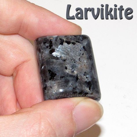 Larvikite - Sometimes referred to as Black Labradorite, Black Moonstone, or Norwegian Moonstone. Black Labradorite Meaning, Larvikite Crystal, Blue Pearl Granite, Crystal Tips, Third Eye Chakra Stones, Crystal Work, Black Labradorite, Crystal Power, Crystal Cave