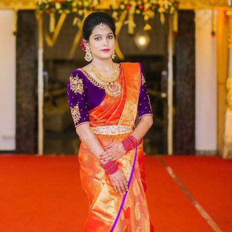 contrast blouse for orange saree Orange Pattu Saree Contrast Blouse, Purple Blouse Designs, Chocker Design, Silk Saree Blouse Designs Patterns, Pattu Saree Blouse Designs, Wedding Saree Blouse Designs, Orange Saree, Sari Blouse Designs, Wedding Blouse Designs