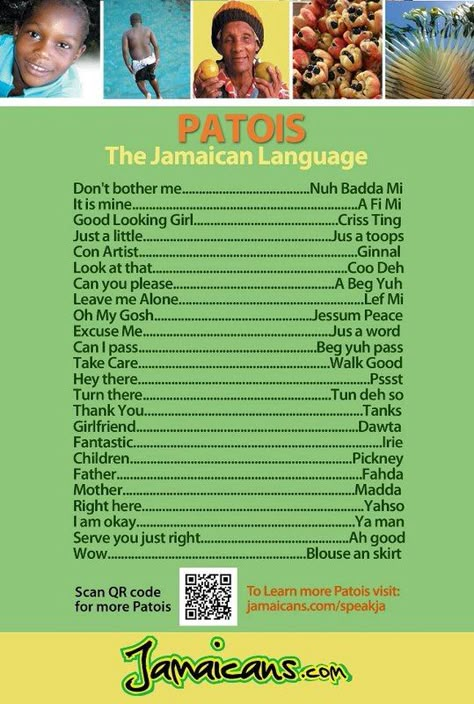 Do you know how to say "Look at that" or "Wow" in Jamaican? Do you have a Jamaican friend you want to communicate with or are you traveling to Jamaica? There is a heated debate amongst Jamaicans on whether "patois" (patwah) is a language or an English "dialect".  If you don't know Jamaican patois (patwah) it definitely sounds like another language.  Below is a list of 20 Essential Jamaican Patois phrases translated to English. Jamaican Language Words, Jamaican Sayings, Patois Language Jamaica, Jamaican Patois, Jamaican Language, Things To Do In Jamaica, Patwa Language, Patois Phrases, Jamaica Language