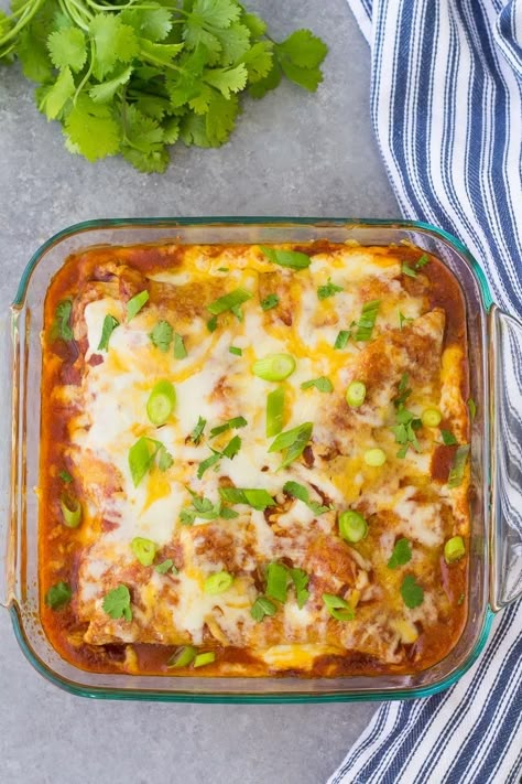 Easy Chicken Enchilada Casserole, made with just four ingredients! Instead of rolling the enchiladas in tortillas, you'll layer everything in a casserole dish to make this favorite Mexican dinner! 4 Ingredient Chicken, Crockpot Chicken Tacos Recipes, Easy Enchilada Casserole, Easy Chicken Enchilada Casserole, Easy Chicken Enchilada Recipe, Baked Spaghetti Casserole, Enchilada Casserole Recipes, Easy Enchiladas, 4 Ingredient Recipes