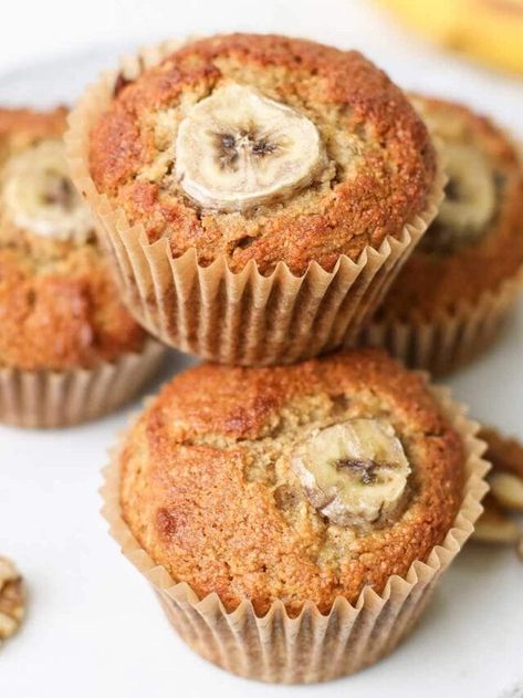 Moist Keto Banana Muffins - blissfullylowcarb.com Keto Banana Muffins Almond Flour, Keto Banana Muffins, Low Carb Banana Muffins, Flax Seed Muffins, Keto Banana, Banana Walnut Muffins, Keto Banana Bread, Walnut Muffins, Healthy Banana Muffins