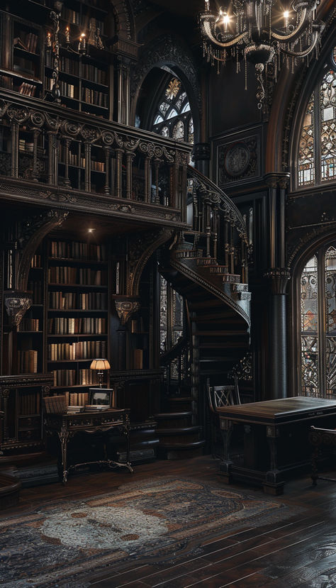 So much inspiration! Bookshelves winding staircase, chandalier, and look at those windows! I have to believe this existed somewhere at some time in a far away place :) Gothic Library Aesthetic, Dark Castle Aesthetic Interior, Dark Academia Space, Academia Castle, Dnd Castle, Dark Academia Castle, Wizards Tower, Castle Aesthetic Interior, Horror Hotel