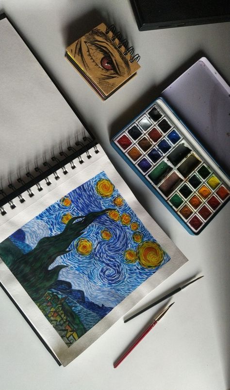 Starry night by Van Gogh
Made with watercolor and 200 gsm sketch book Starry Night Painting Watercolors, Van Gogh Watercolor Paintings, Starry Night Watercolor, Watercolor Starry Night, Artist Research Page, Van Gogh Watercolor, Starry Night Art, Starry Night Painting, Korean Clothes