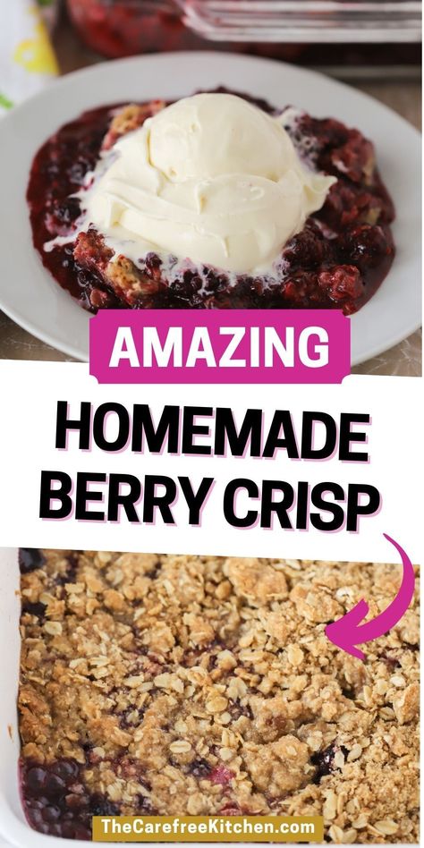 This easy Berry Crisp recipe is a summer favorite that takes just a few minutes to throw together. It’s got a juicy berry filling topped with a buttery oat crumble that pairs perfectly with a big scoop of vanilla ice cream. Best Fruit Crisp Recipe, Berry Crisp With Fresh Berries, Bumble Berry Crisp, Berry Crisp Recipe Crumble Topping, Huckleberry Crisp With Oatmeal, Mixed Berry Crisp Recipe Frozen Fruit, Crisp Recipes Easy, Berry Desserts Easy, Marionberry Crisp