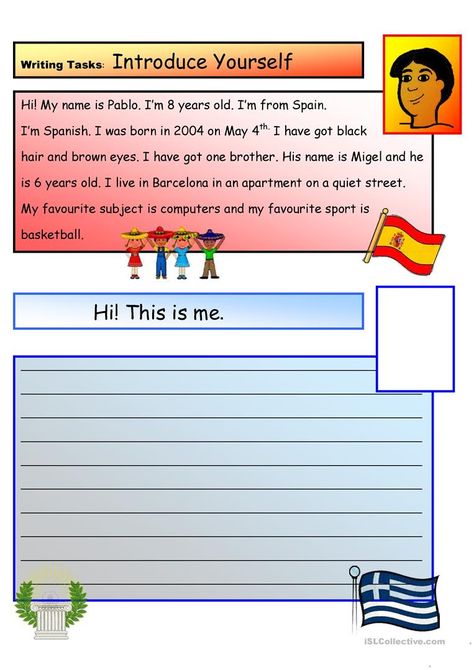 Descriptive Writing Activities, Introducing Yourself, Esl Teaching Resources, Writing Book, Introduce Yourself, Descriptive Writing, English Lessons For Kids, Creative Writing Prompts, Writing Tasks