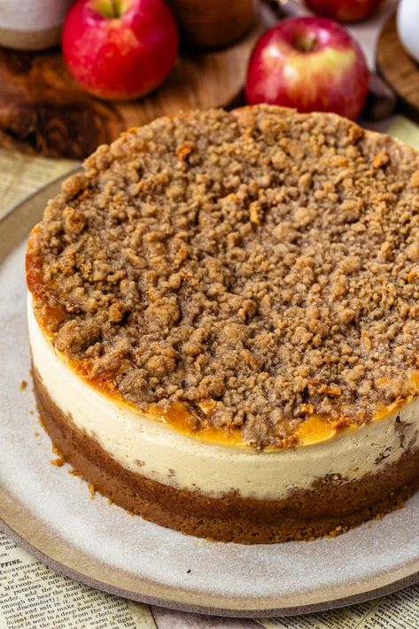 Apple No Bake Cheesecake, Apple Cheesecake Tacos, Cinnamon Apple Cheesecake, Apple Cinnamon Crumble, Cinnamon Crumble Topping, Spiced Cheesecake, Apple Crumble Cheesecake, Apple Crumble Topping, Pies And Tacos