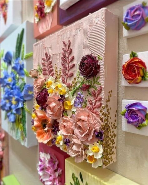 3d Flower Canvas Art, Fake Flowers On Canvas, Piping Art On Canvas, Plaster Flowers On Canvas, 3d Art Ideas, 3d Floral Painting, 3d Floral Wall Art, 3d Flower Painting, 3d Flower Art