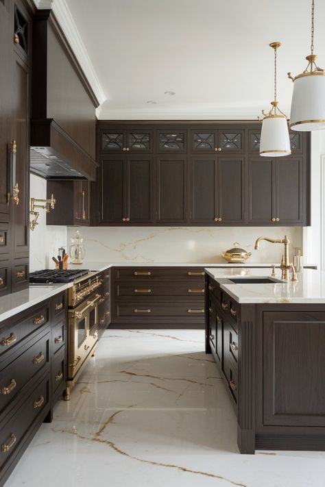 15 Dark Brown Kitchen Cabinets Design Ideas You Will Love! – My Kitchen Inspo Espresso Cabinets With Black Hardware, Brown And Gold Kitchen Cabinets, Dark Brown Cabinets Brass Hardware, Kona Stained Kitchen Cabinets, Dark Cabinets With Gold Hardware, Painted Brown Kitchen Cabinets, Modern Kitchen Brown, Urban Bronze Kitchen Cabinets, Urbane Bronze Kitchen Cabinets