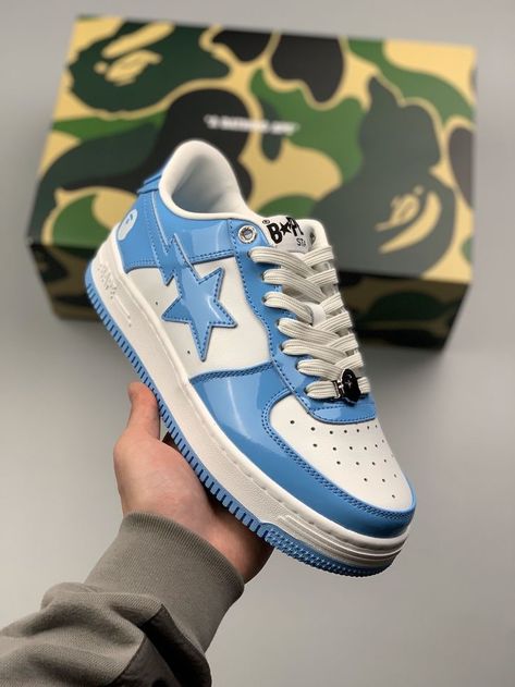 Blue Bape Shoes, Bapesta Shoes, Expensive Sneakers, Bape Shoes, Bape Sneakers, Bape Sta, Painted Canvas Shoes, Shoe Inspo, Aesthetic Shoes