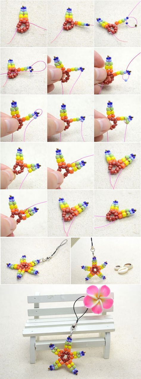 Tutorial for cute star phone charm from LC.Pandahall.com Huichol Pattern, Beaded Starfish, Tiger Tail, Seed Bead Crafts, Diy Jewelry Necklace, Cute Star, Beading Patterns Free, Bead Weaving Patterns, Bead Loom Bracelets