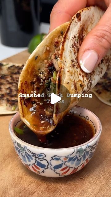 Georgia May on Instagram: "Smashed Pork Dumplings Tacos   The cheat way to make dumplings - all the flavours and non of the faff!! One of my favourite things to make at the minute.   Serves 2  Per taco  179 kcals 18.8g protein   Ingredients  - 250g pork mince  - 2 tbsp soy sauce - 1 tbsp honey  - 1 tsp grated ginger  - 2 garlic cloves  - 1 red chill, seeds removed  - Small bunch coriander  - 2 sprigs spring onion  - 1/2 lime   Dipping Sauce  - 4 tbsp sweet chilli sauce @bluedragonuk  - 1 tbsp soy sauce  - 1/2 lime  - Drizzle of sesame oil   To serve  - 1/2 cucumber - Spring onion  - Soft shell Tacos  - Chilli oil   Makes everything for the dipping sauce in a small bowl  and set aside.   Mix the pork mince with the soy sauce, honey, diced chilli, diced garlic, grated ginger, diced coriander Smashed Pork Dumplings, Smashed Dumpling Tacos, Smashed Dumplings, Smashed Gyoza, Taco Dumplings, Smash Dumplings, Asian Appetizers Easy, Dumpling Tacos, Lime Dipping Sauce