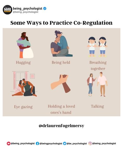 Some ways to practice co-regulation (calming your nervous system with the gentle presence of a safe and regulated other): • Hugging • Being held • Breathing together • Eye gazing • Holding a loved one’s hand • Talking What works for one person may not work for another. What helps you to co-regulate? Eye Gazing Couple, How To Emotionally Regulate, Co Regulation Couples, Nervous System Regulation Tools, Co Regulation Activities, Calming Your Nervous System, Regulated Nervous System, Calming Nervous System, Co Regulation