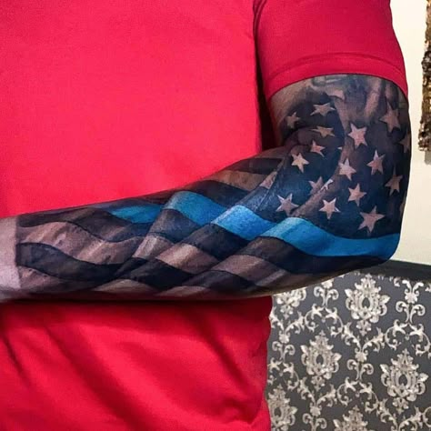 Flag Sleeve Tattoo, American Flag Forearm Tattoo, American Flag Sleeve Tattoo, Police Tattoo, Half Sleeve Tattoo Ideas, Cactus Tattoos, Tattoos Cross, Tattoos Nature, Quarter Sleeve Tattoos