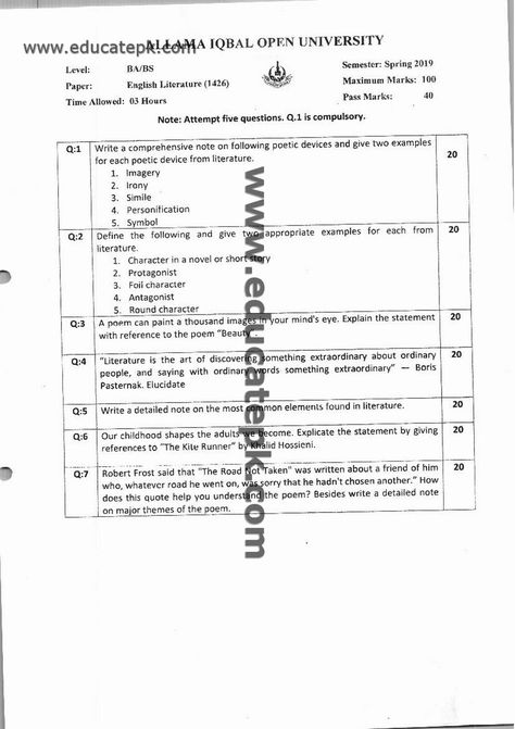 Aiou Past Papers BA 1426 Spring 2021 First University, Past Papers, Islamic Studies, English Literature, Educational Websites, Business Administration, Blog Website, Old Paper, Undergraduate