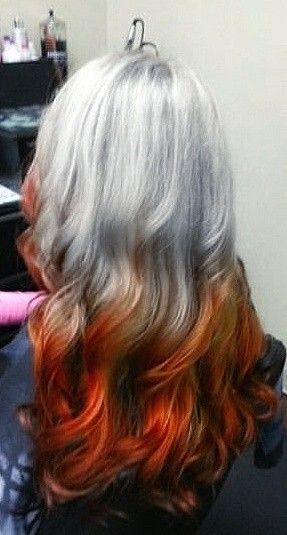 Reverse ombre - silver and red Grey And Orange Hair, Red And Gray Hair, Silver And Red Hair, Grey And Red Hair, Red Hair Tips, Hair Fairy, Colorful People, Reverse Ombre, Hair Highlight