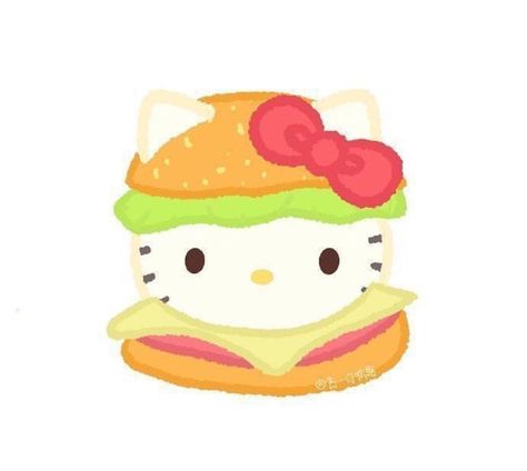 Sanrio Burger, Cinnamonroll Anime, Burger Anime, Fast Food Drawing, Aesthetic Naranja, Hello Kitty Burger, Hello Kitty Eating, Hamburger Drawing, Cartoon Hamburger