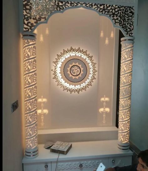 Pujaghar Design, Latest Mandir Design For Home, Mandir Designs For Home, Temple Ideas, Pooja Door Design, Puja Items, Drawing Room Design, Indian Room Decor, Drawing Room Interior