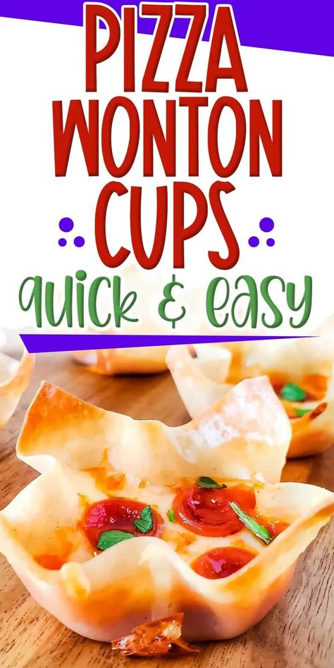 Easy Wonton Appetizers, Wonton Pizza Cups, Appetizers With Wonton Wrappers, Won Ton Wrapper Recipes, Pizza Wonton Cups, Wonton Wrapper Dessert, Pizza Wontons, Pepperoni Appetizers, Wonton Wrapper Recipes Appetizers