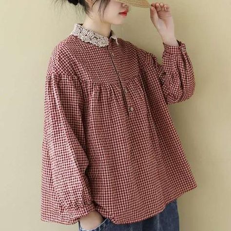 Plus Size - Women Loose Breasted Lace Plaid Tops – BUYKUD Diy Vetement, Oversize Women, Maxi Robes, Vintage Plaid, Lace Collar, Plaid Tops, Cardigan Tops, Long Sleeve Casual, Cotton Style