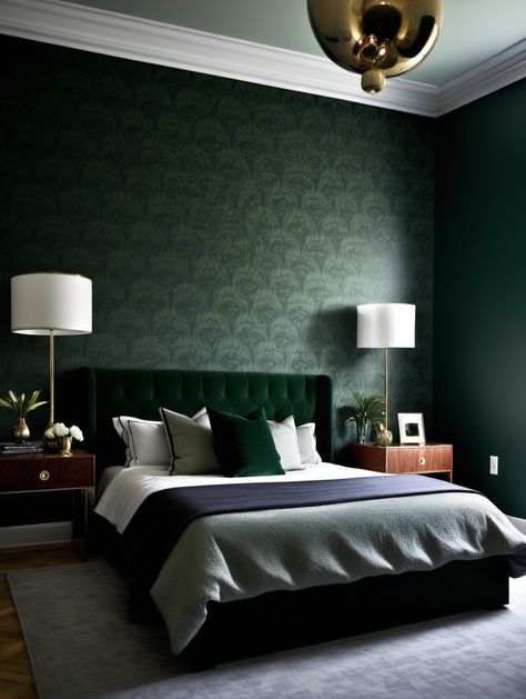 Dark Green Bedroom Ideas That Will Inspire You - Amanda Katherine Dark Green Headboard, Green Moody Bedroom, Dark Green Bedrooms, Dark Green Bedroom Ideas, Dark Green Bedroom, Dark Green Rooms, Free Home Decor, Green Bedroom Ideas, Green Headboard