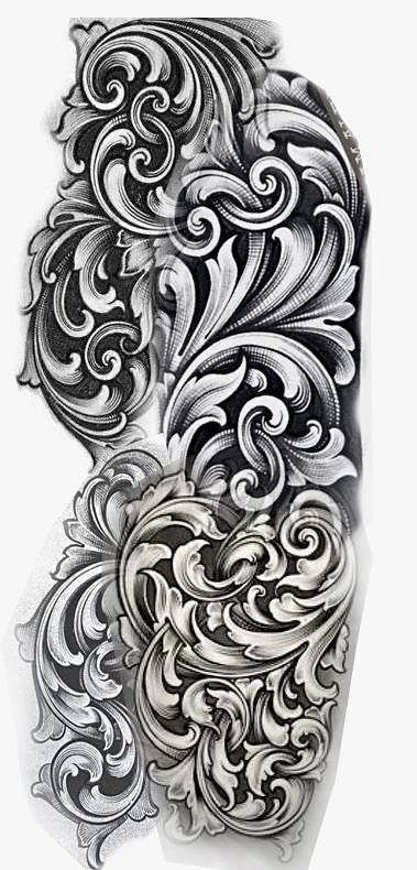 Back Tattoo Filler Ideas, Fillagry Tattoo Sleeve, Filligree Tattoos Designs For Men, Filagree Tattoo Filler, Neck Tattoo Filler Ideas, Fillagry Designs Tattoo, Filigree Tattoo Sleeve, Filigree Tattoo Stencil, Leather Tooling Tattoo