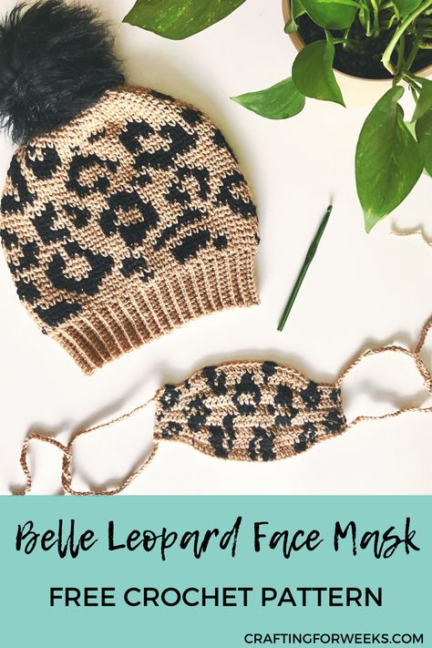 Crochet a cute leopard face mask! Instruction for lining or adding a filter pocket included. Check out the free face mask pattern at Crafting for Weeks! #crochetmask #crochetfacemask #diymask #handmademask #crochetpatternsfree #crochetleopardprint #leopardprint #leopardprintaccessories Leopard Beanie, Knitted Scarfs, Beanie Crochet Pattern, Yarn Creations, Crochet Beanies, Crochet Hat Free, Bonnet Crochet, Beanie Crochet, Tapestry Crochet Patterns