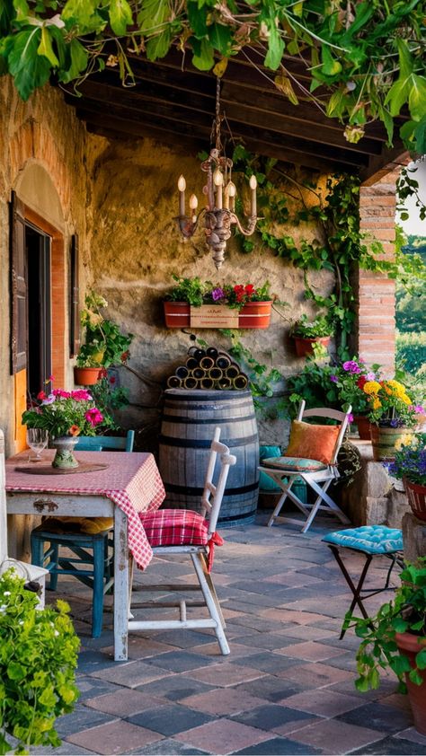 Cozy Tuscany Rustic Patio with Charming Vineyard Vibes Italian Patios Tuscany Italy, Italian Outdoor Dining, Italy Backyard Aesthetic, Rustic Italian Outdoor Dining, Italian Restaurant Aesthetic Outdoor, Tuscany Italy Aesthetic House, Italian Countryside House, Italian Backyard, Tuscan Patio