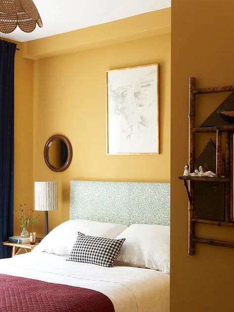 Mustard Yellow Walls, Farrow Bal, Green Headboard, Dark Green Walls, Pink Sofa, Yellow Bedroom, Best Paint Colors, London Apartment, Yellow Walls