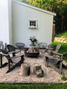 Outdoor Fire Pit Area, Pea Gravel Patio, Shed Landscaping, Backyard Seating Area, Rectangular Fire Pit, Fire Pit Landscaping, Gravel Patio, Outdoor Patio Space, Fire Pit Seating