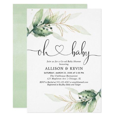 Coed Baby Shower Invitation Modern Gold Greenery Invitation #zazzle #weddinginvitations #birthdayinvitations #babyshowerinvitations #zazzleinvitations #monogram #businesscards #graduation #homedecor Coed Baby Shower Invitations, Invitations Quinceanera, Couples Baby Shower Invitations, Greenery Invitation, Modern Baby Shower Invitations, Gender Neutral Baby Shower Invitations, Couples Baby Showers, Green Baby Shower, Coed Baby Shower