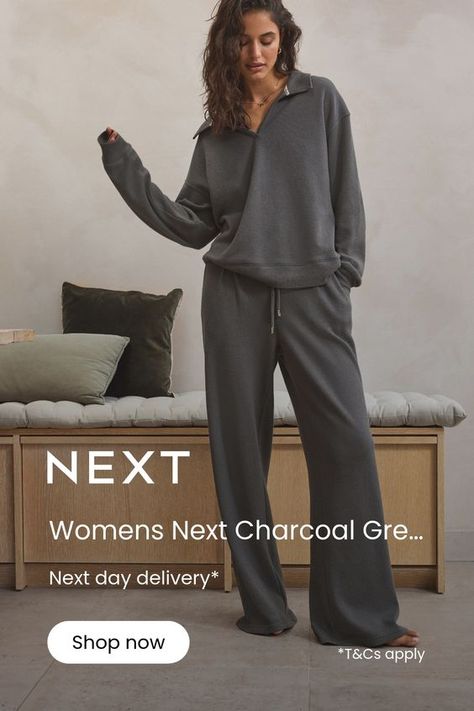 This wide leg jogging bottoms are made from a cotton-blend knit look fabric for a premium feel, featuring an elasticated waistband with an adjustable drawstring and side pockets. 80% Cotton, 20% Polyester. Smart Loungewear, Wide Leg Joggers, Jogging Bottoms, Leisure Wear, Charcoal Grey, Next Uk, Jogging, The Next, Wide Leg